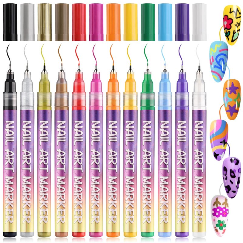KINGMAS 12 Color Nail Art Pens, 0.5mm Nail Polish Marker Set, Drawing Painting Point Liner Acrylic Painted Pen Kit, Waterproof and Quick-drying for DIY Nails Art Design Manicure Tools