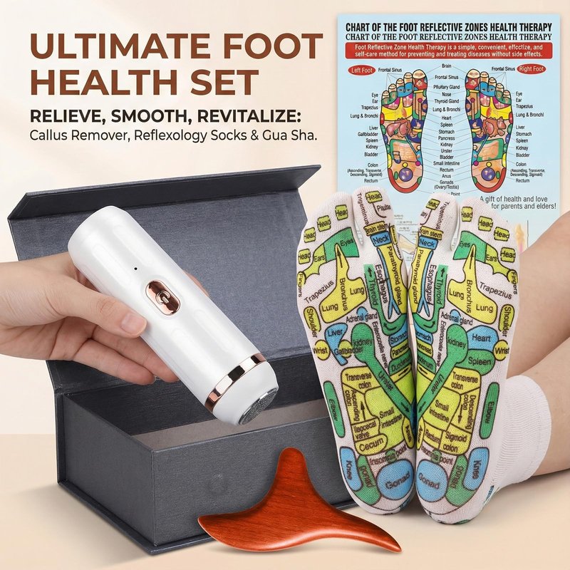 Electric Callus Remover & Reflexology Socks Kit – Rechargeable Pedicure Tools Set with Wooden Gua Sha Massager for Plantar Fasciitis Relief, Dead Skin & Cracked Heels