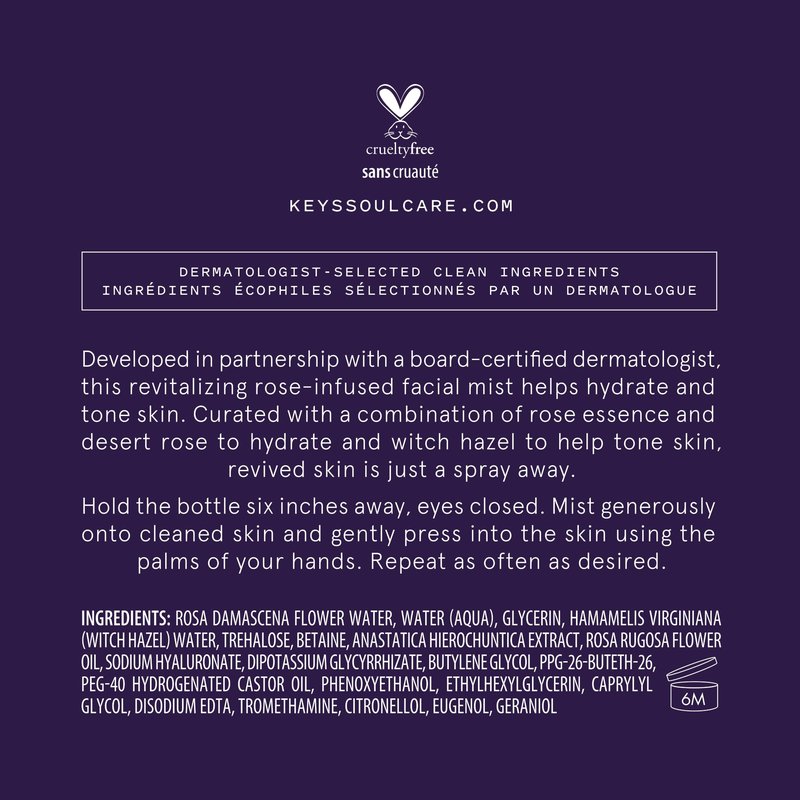 Keys Soulcare Reviving Aura Mist, Revitalizing Facial Spray Hydrates, Tones, Refreshes & Renews Skin, Vegan, Cruelty-Free, Rose Scent, 3.72 Fl Oz