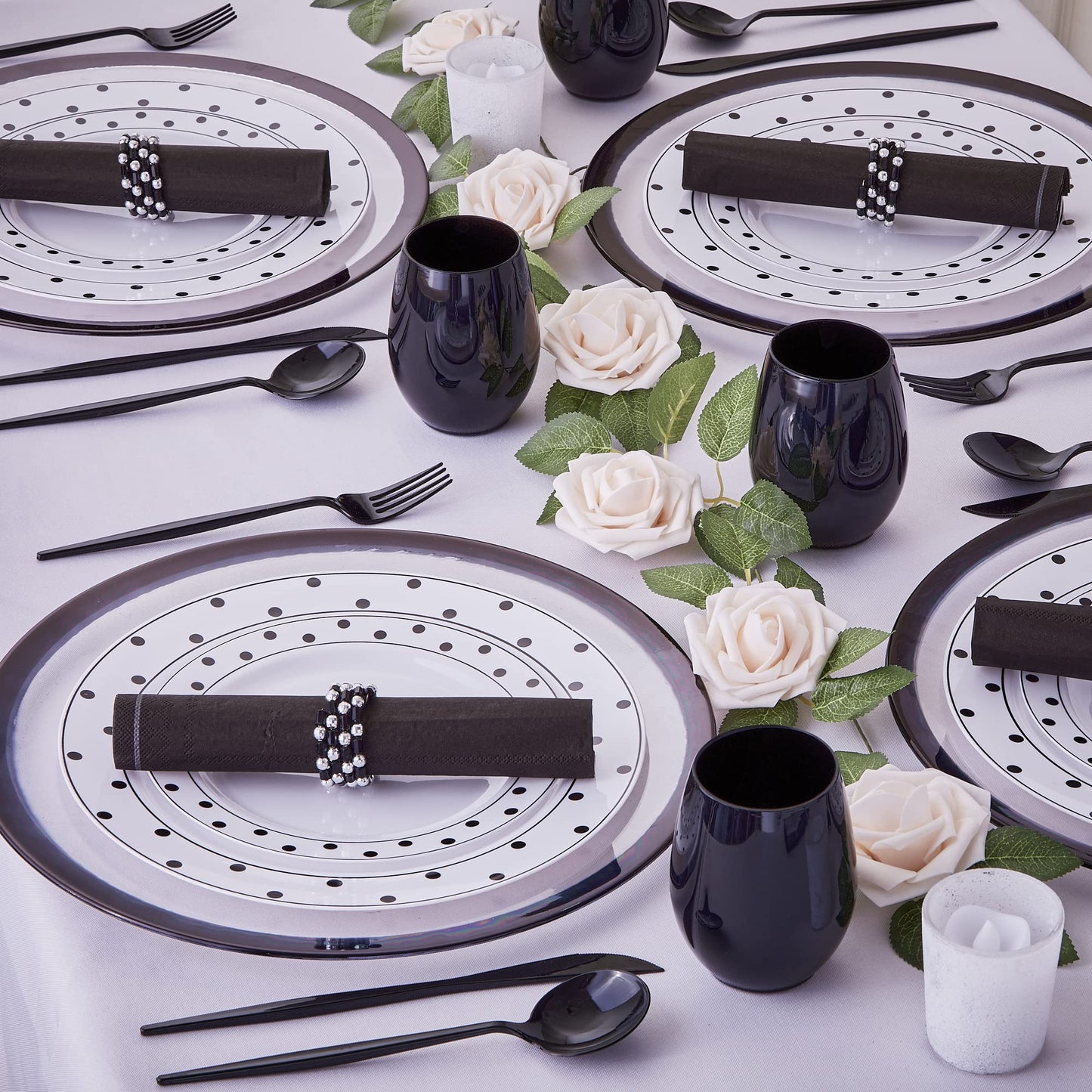Silver Spoons Elegant Beaded Napkin Rings Set of 6, Napkin Holders for Tablesetting, Great for Parties, Weddings, Engagements, Baby Showers, Holiday, Christmas, Upscale Events, Dinners & Celebrations - Black/Silver