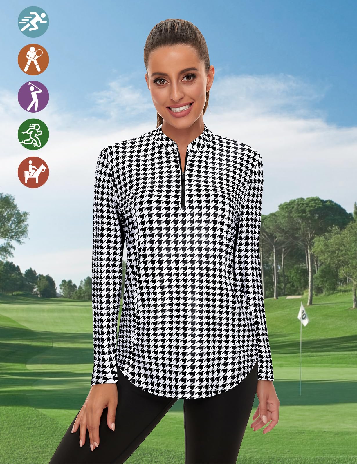 Misyula Quarter Zip Long Sleeve Athletic Shirts for Women Moisture Wicking Golf Tennis Yoga Hiking Running Workout Tops Black-Houndstooth L