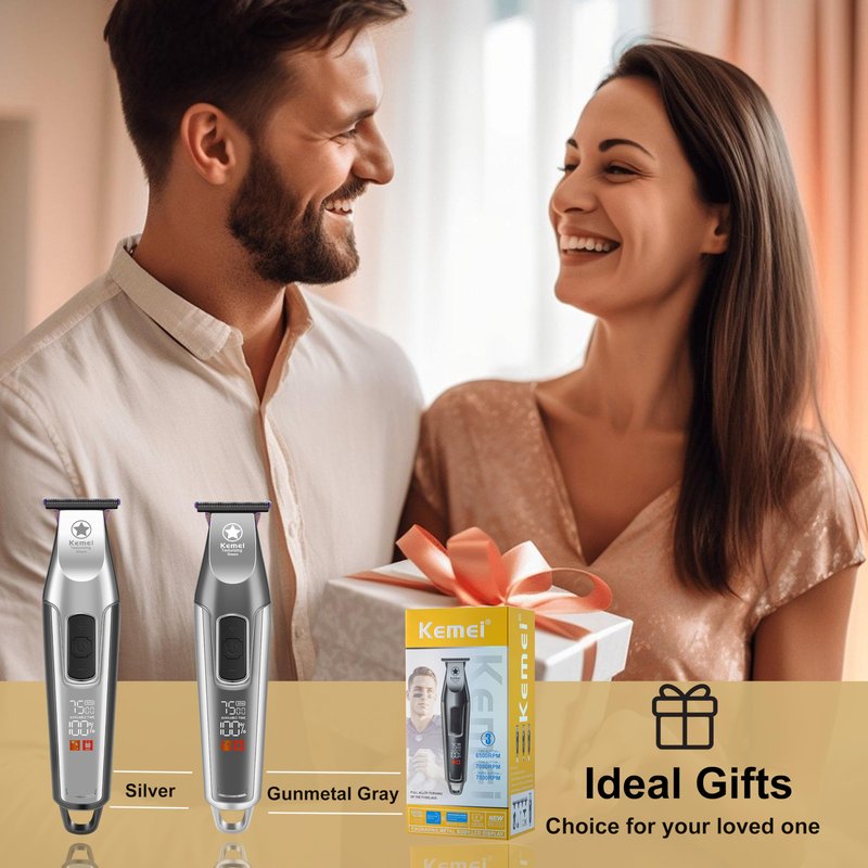 KEMEI Hair Trimmer for Men, Professional Hair Clippers Cordless Zero Gapped Trimmer with LCD Display Trimmers for Barbers with T Blade Beard Trimmers 3 Adjustable Speeds KM-1919 Gray