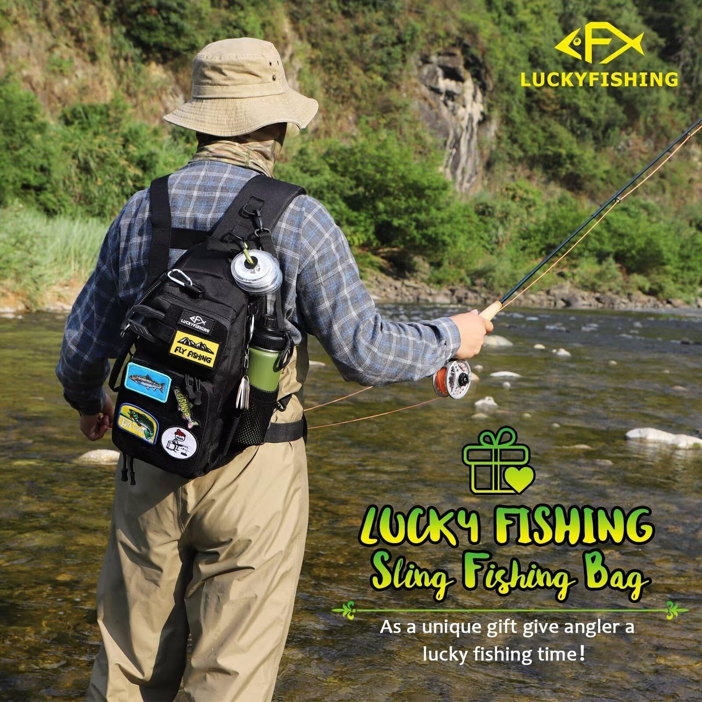 LUCKYFISHING Fishing Backpack - Lightweight Fly Fishing Sling Bag with 6PCS Hook Style DIY Embroidery Patches
