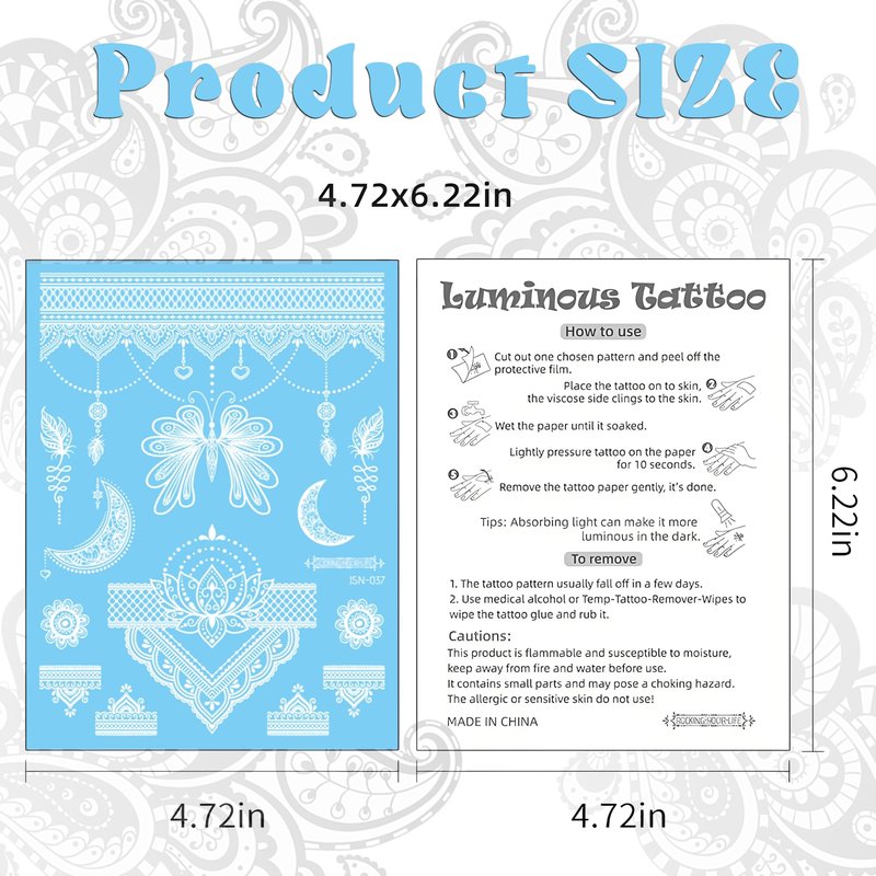 Casciybo Glow In The Dark Tattoo 7 Sheets for Women, UV Blacklight Reactive Face Temporary Tattoos for Adults Fake Flower Butterfly Waterproof Face Body Arm Tattoo, Night Glitter Party Supply