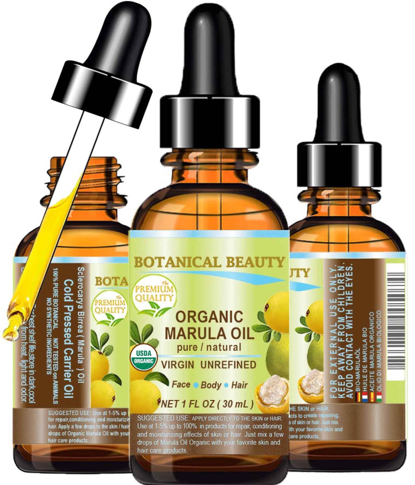 Botanical Beauty Organic MARULA OIL WILD GROWTH 100% Pure Natural Virgin, Unrefined Cold-Pressed Moisturizer for FACE, DRY SKIN, BODY, DAMAGED HAIR, NAILS, Anti-Aging (1 Fl Oz)