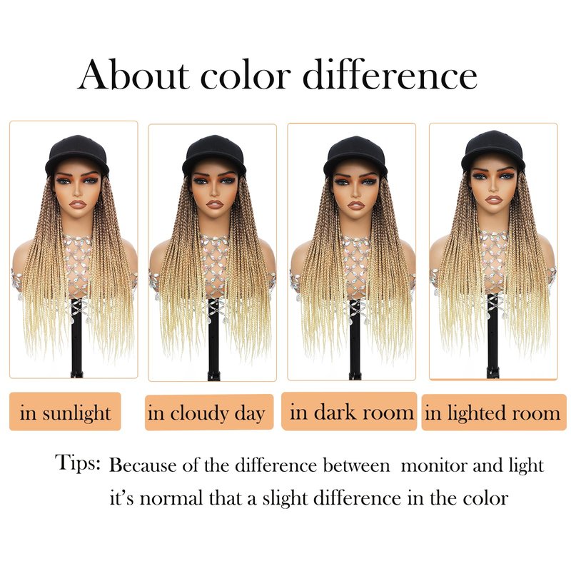 Hat Wig for Women Baseball Cap with blonde Braided Hair Attached Synthetic Box Braid Wig Hat Adjustable Black Cap with 18inch long ombre brown bonde light blonde Braids for Daily Outdoor Halloween Use