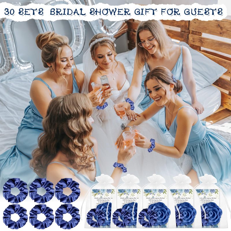 XunYee 30 Sets Rose Compact Mirror Bulk Bridal Shower Favors for Guests Mother's Day Souvenir Gifts Hair Ties Elastic Scrunchies, Thank You Card and Organza Bags for Wedding Quinceanera(Dusty Blue)