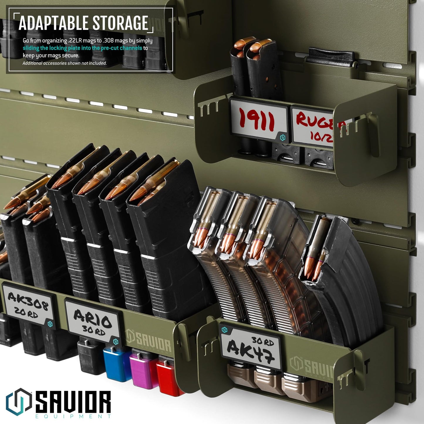 Savior Equipment Wall Rack System Universal Magazine Rack Holder Slat Wall Mount Display Organizer Hanger, Adjustable to Fit Most 9MM .45 Pistol 5.56 .308 Rifle Mags, Heavy-Duty Steel Construction