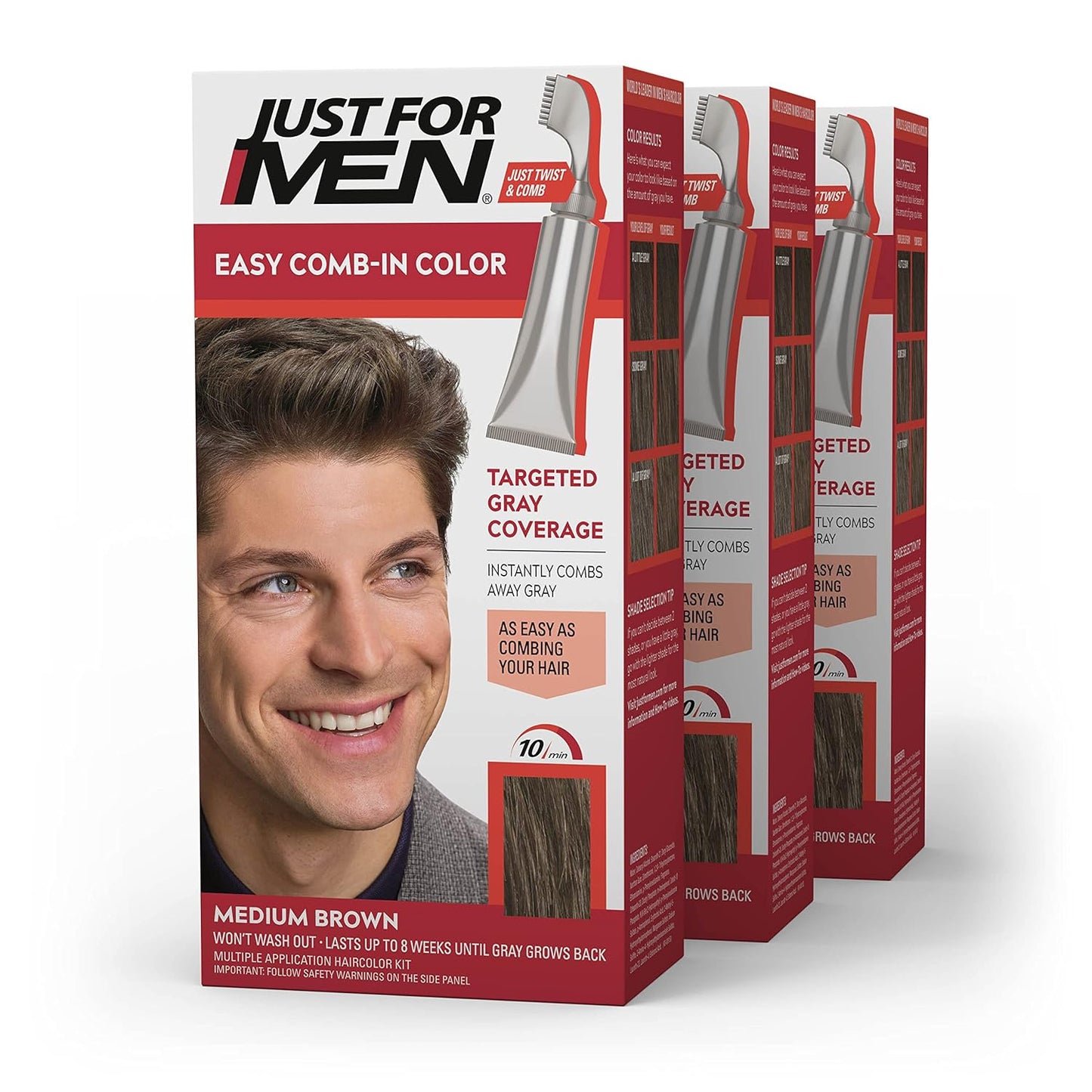 Just For Men Easy Comb-In Color Mens Hair Dye, Easy No Mix Application with Comb Applicator - Medium-Dark Brown, A-40, Pack of 1