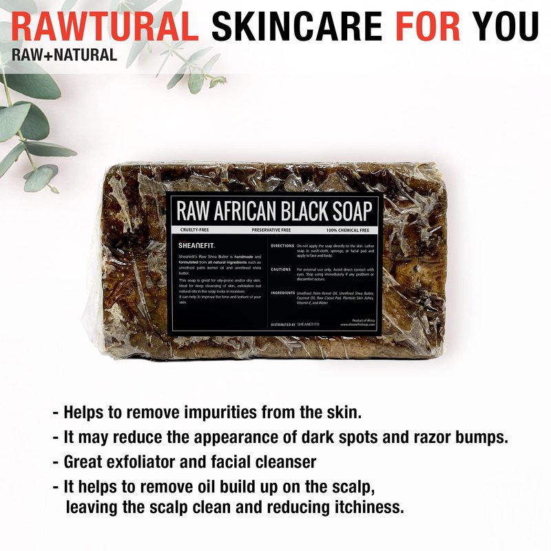 Sheanefit Raw African Black Soap Bar - For All Skin Types - Face, Body, Hair Soap Bulk Bars (15 Ounce (Pack of 3))