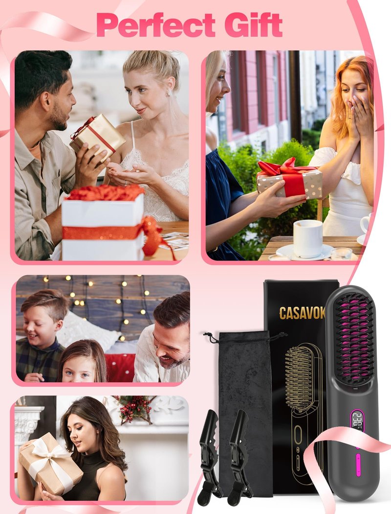 Cordless Hair Straightener Brush for Travel,Mini Hair Straightener Comb with Negative Ion,Portable hot Brush Hair Straightener for Women, Rechargeable 9600mAh Battery, Anti-Scald,12 Temp-Setting