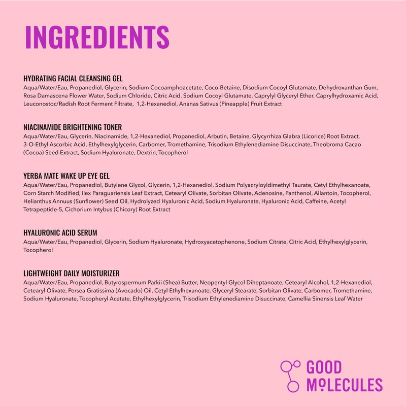 Good Molecules Daily Skincare Routine Set with Hydrating Cleanser, Niacinamide Toner, Hyaluronic Acid Serum, Moisturizer, Eye Gel, 5 Pieces