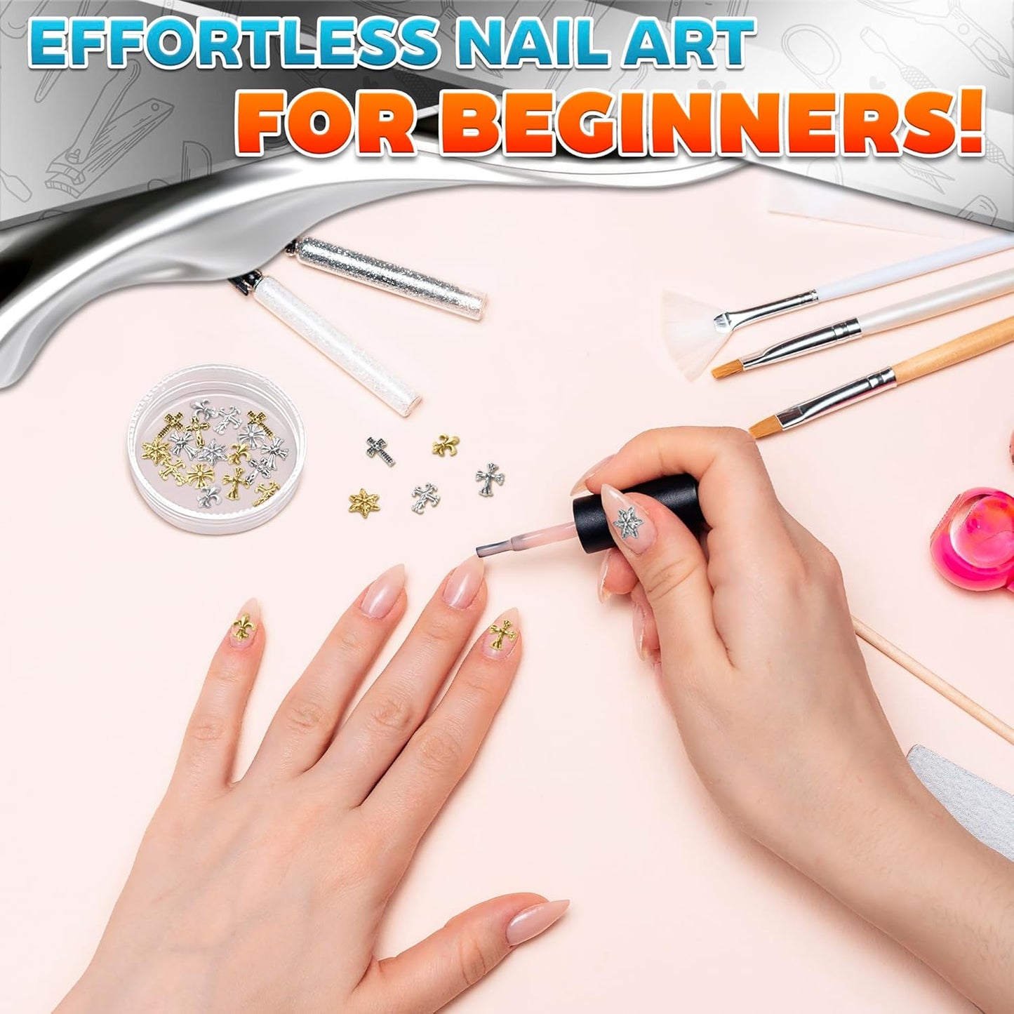 100 Pcs Silver Cross Nail Charms and Gems – 3D Acrylic Cross Charms for Nails for DIY & Professional Manicure – Easy-to-Apply & Durable Nail Decorations, Versatile for Y2K & Nail Studs