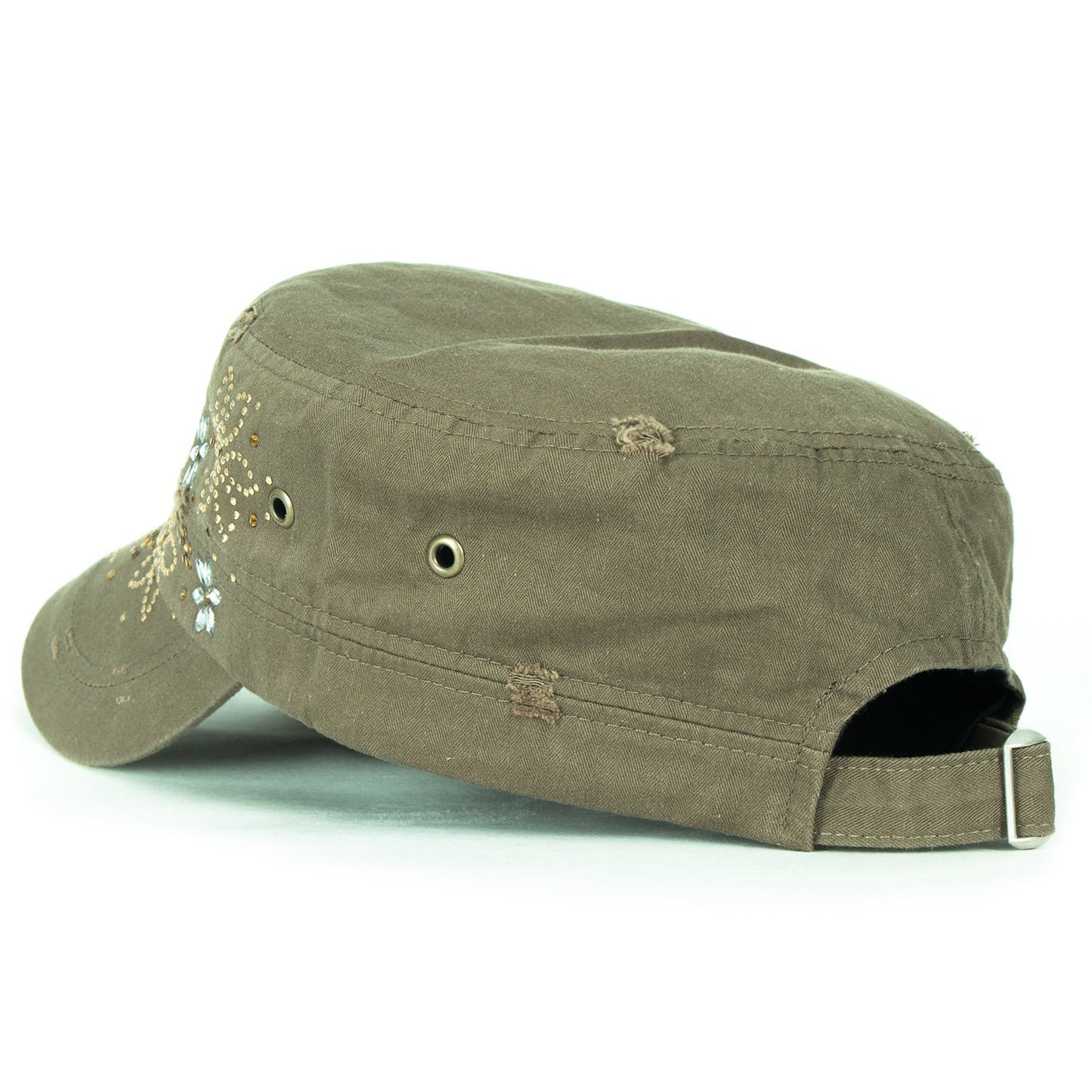 ililily Crystal Gemstone Stud Flower Vintage Cotton Military Army Hat Short Brimmed Cadet Cap, Olive Drab