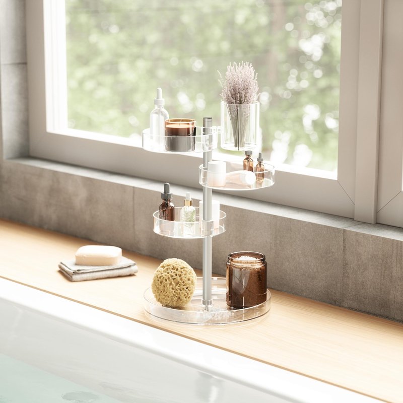 Umbra Pirouette Cosmetic Organizer, Large Capacity Makeup Storage with Adjustable Compartments, Clear/Nickel