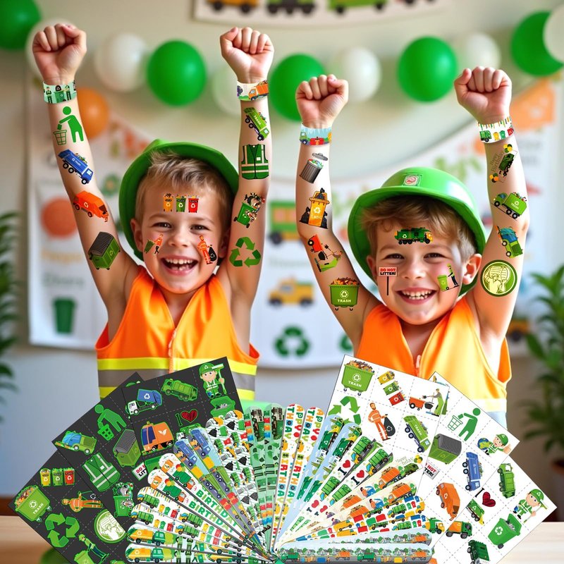 96 PCS Garbage Truck & Trash Truck Party Favors - 72 Pre-Cut Temporary Tattoos & 24 Slap Bracelets for Kids, Birthday Decoration Supplies, Goodie Bag Stuffers Gifts