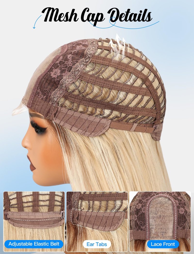 HAIRCUBE Long Straight Wig for Women, Heat Resistant Synthetic Hair with Bangs, Natural Looking Pre-Cut Lace Front Wig, Soft & Lightweight for Daily Use, Cosplay, Parties (Blonde)
