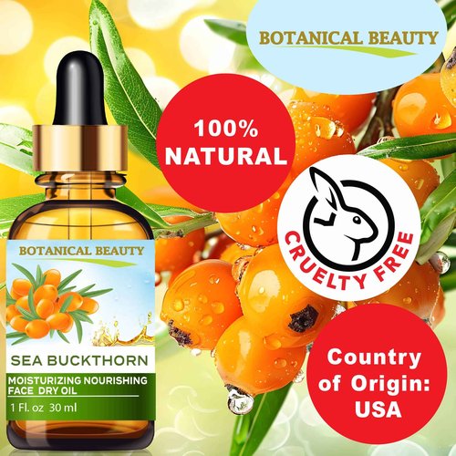 Botanical Beauty SEA BUCKTHORN MOISTURIZING NOURISHING FACE DRY OIL 100% Natural. 1 Fl oz 30 ml Rice Bran, Rosehip, Organic Argan, Sea Buckthorn Fruit Oil, Face Moisturizer, Rejuvenate, Anti-aging