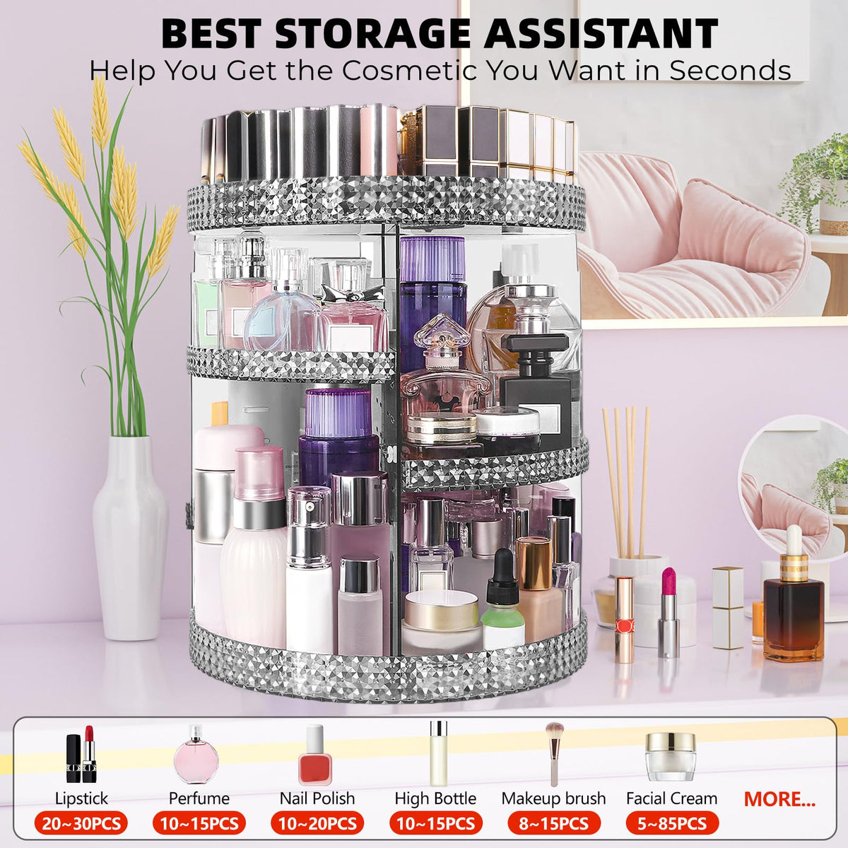 HEMTROY 360 Degree Rotating Makeup Organizer, Extra Large Capacity Cosmetic Storage Unit, Removable DIY 7 Layers Skincare Organizer, Acrylic Beauty Perfume Organizer for Vanity Countertop (Gray)