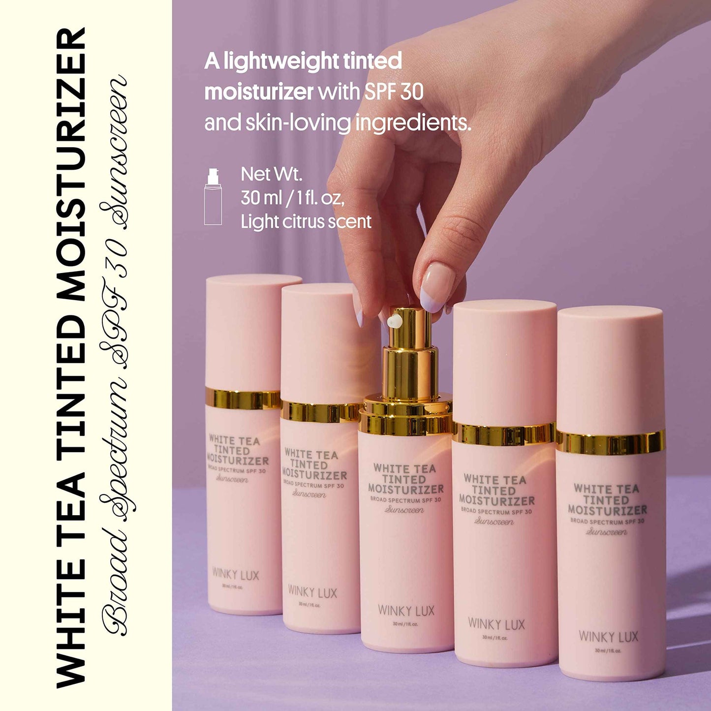 Winky Lux White Tea Tinted Moisturizer SPF 30 - Buildable Coverage with Facial SPF, Lightweight Sunscreen for Face, Naturally Radiant Finish, Long Lasting Coverage with Vitamin E, Deep
