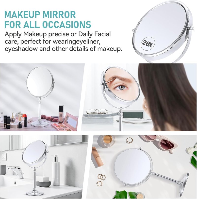 MIYADIVA 20x Magnifying Mirror - Double-Sided Vanity Mirror with 360° Rotation | 8-Inch Tabletop Design