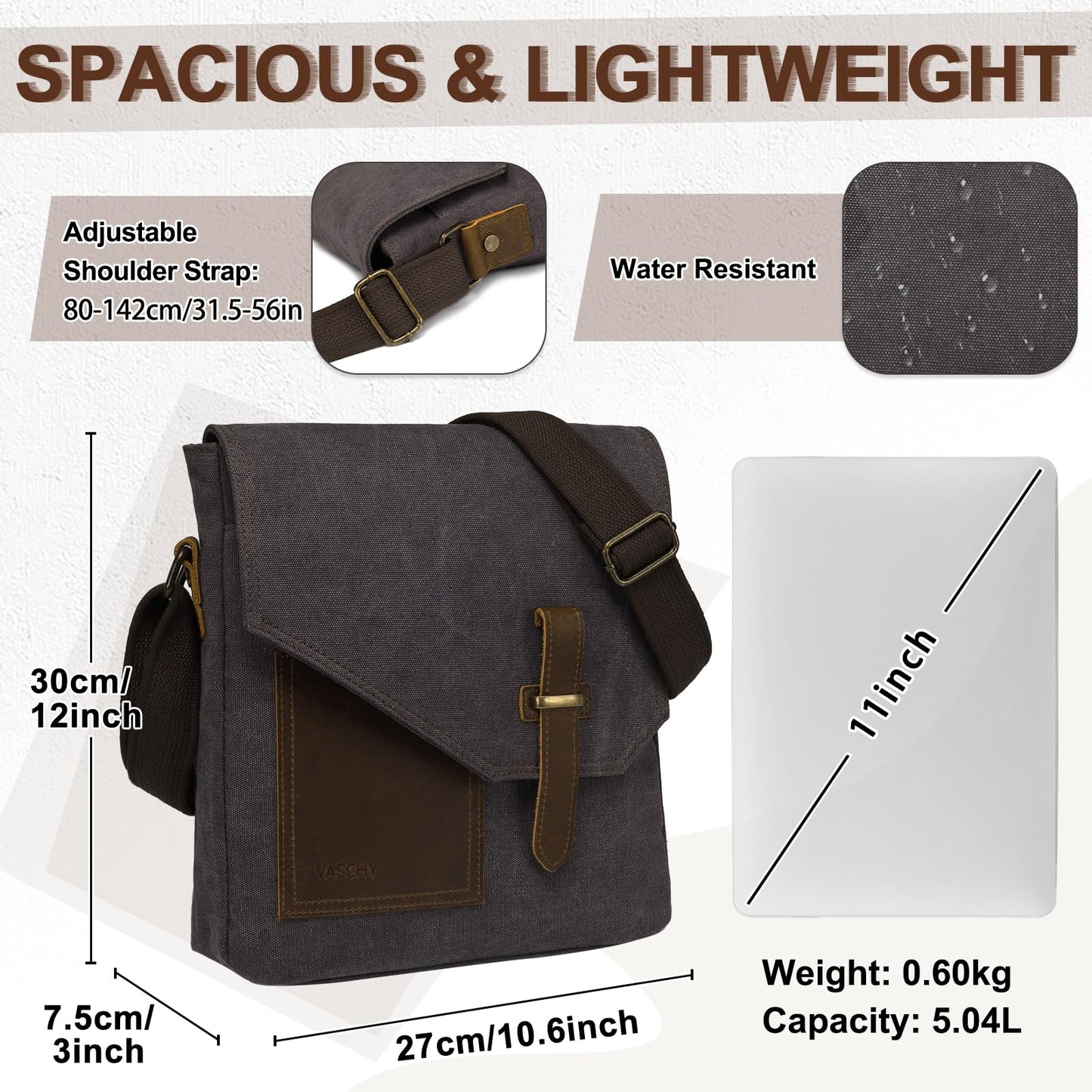 VASCHY Small Messenger Bag, Vintage Canvas Leather Lightweight Crossbody Bag