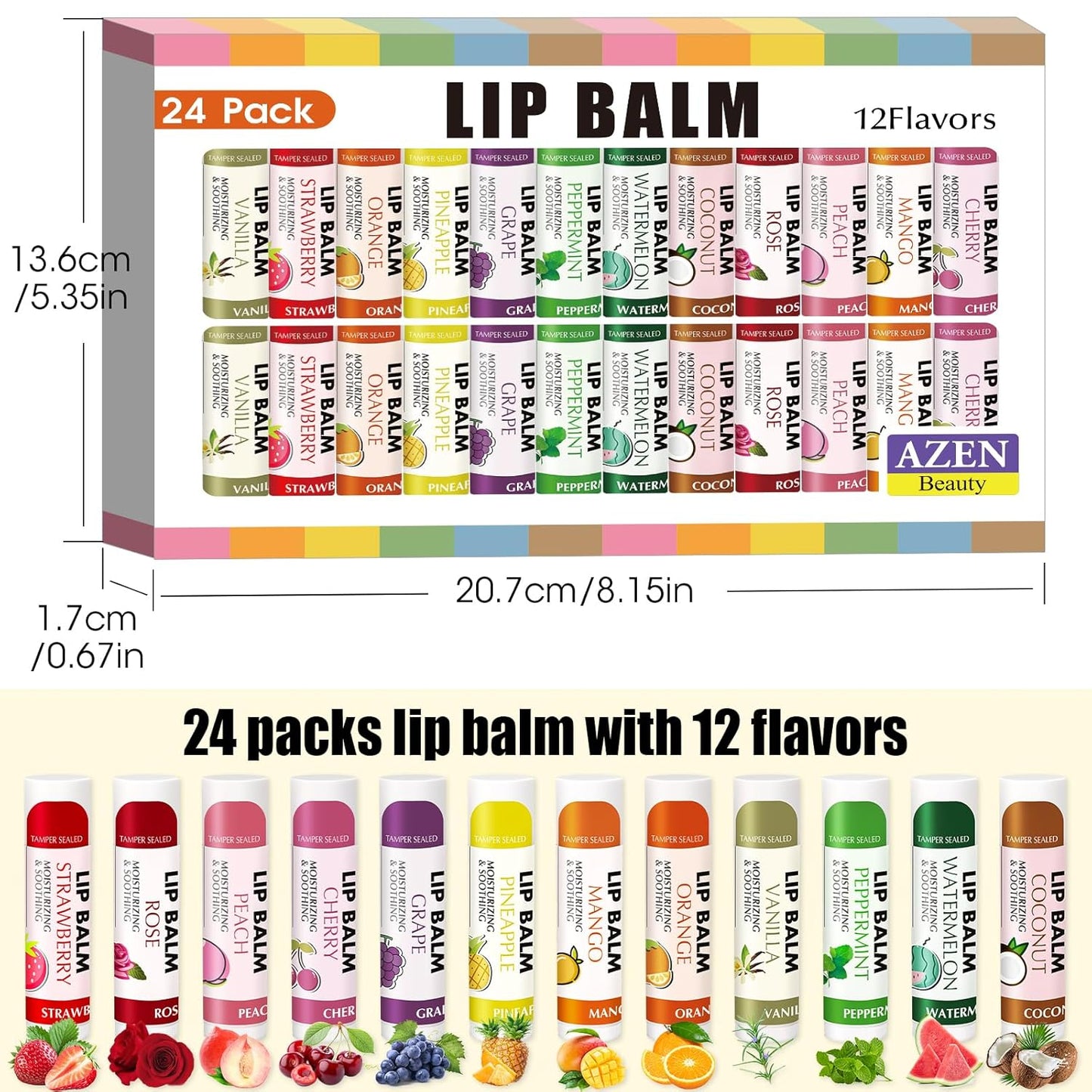 AZEN 24 Pack Lip Balm, Natural Lip Balm Bulk, Lip Care Product, Moisturizing Lip Balms for dry cracked lips - 12 Flavors