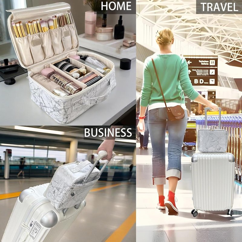 Multifunctional Travel Makeup Bag - Waterproof Cosmetic Organizer with Removable Dividers & Brush Holder | Large Capacity Toiletry Pouch for Women (White Marble)