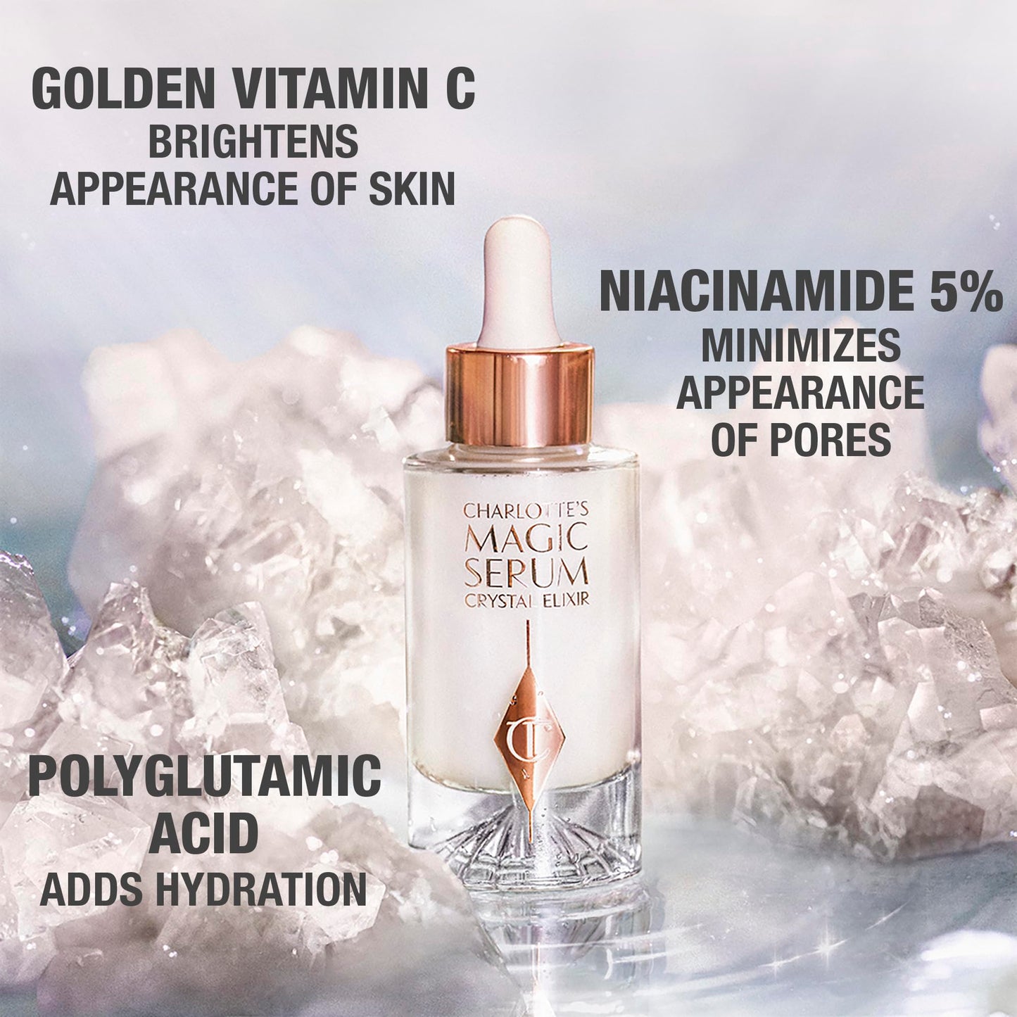 Charlotte Tilbury Magic Serum Crystal Elixir - Anti Aging Skincare Set - Face Firming Peptide, Brightening Vitamin C Serum & Glow-Boosting Niacinamide - Perfect for Gifting & Makeup Pairings (30ml)