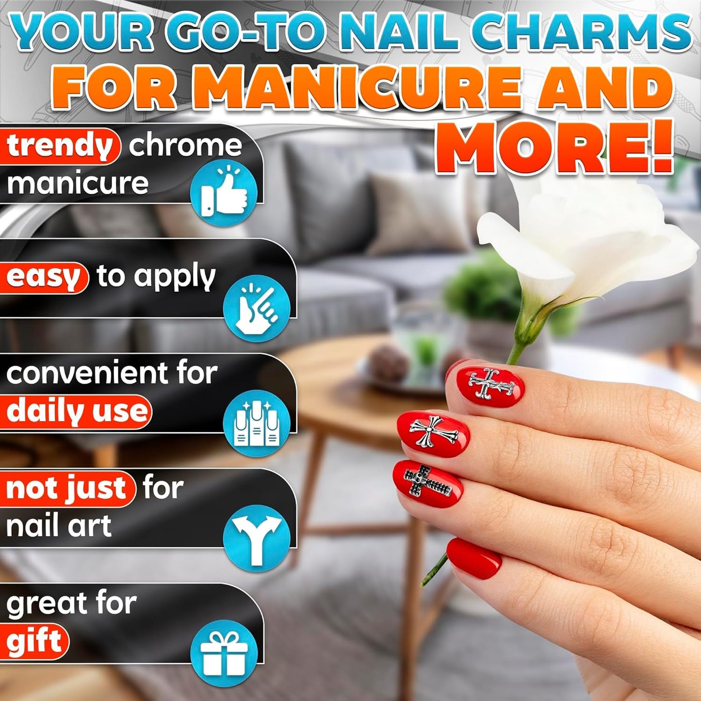 100 Pcs Silver Cross Nail Charms and Gems – 3D Acrylic Cross Charms for Nails for DIY & Professional Manicure – Easy-to-Apply & Durable Nail Decorations, Versatile for Y2K & Nail Studs