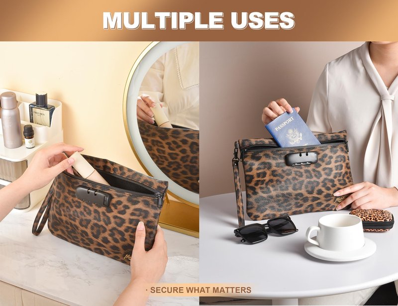 MAICHENG Storage Bag with Combination Lock and Accessories Travel Medicine Bag Container Money Cosmetic Organizer Great Gifts for Women Leopard
