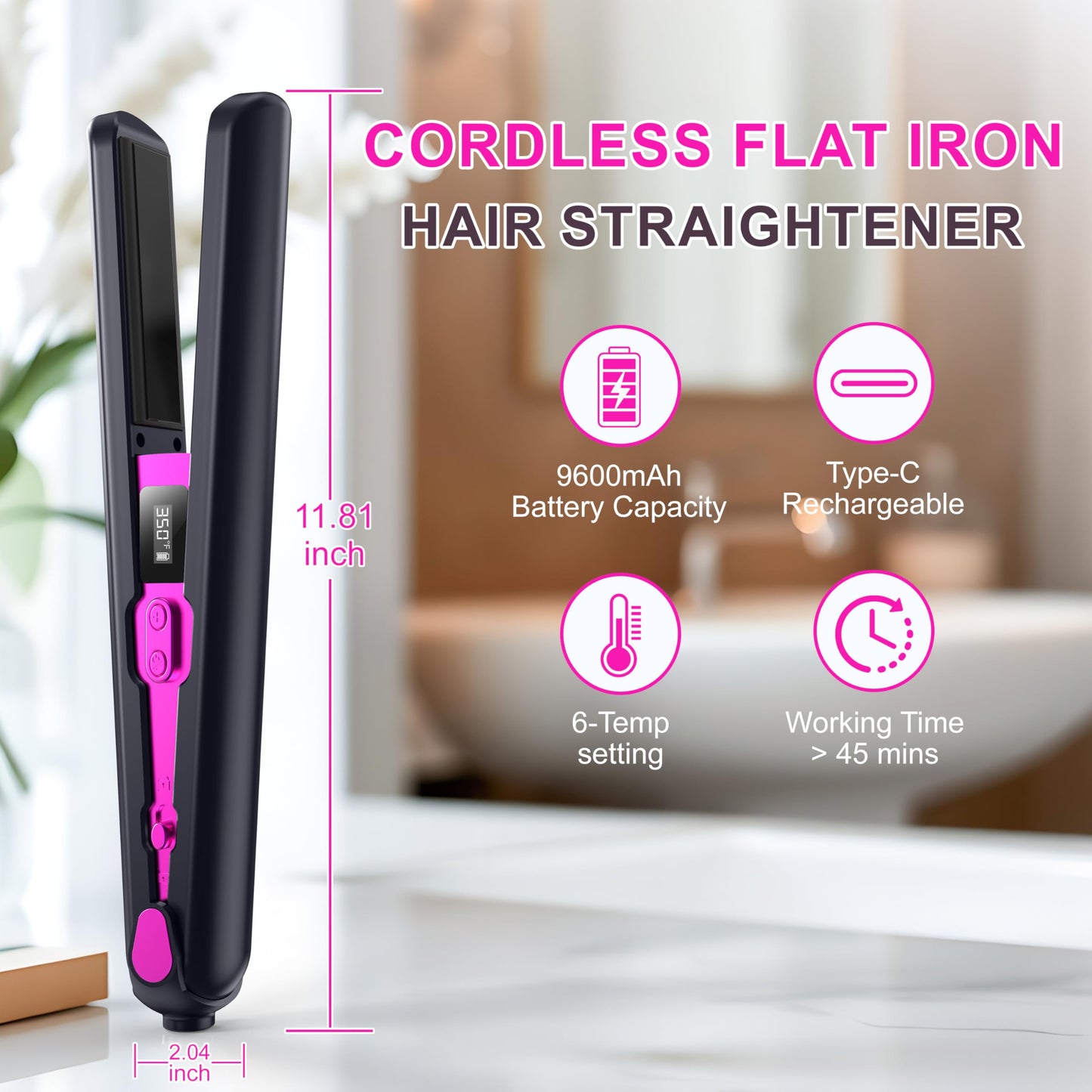 2-in-1 Cordless Flat Iron Hair Straightener & Curlerr, Rechargeable Cordless Hair Straightener with 9600mAh Battery LCD Display Negative Ion Tech 6 Adjustable Temps Heat-up in Seconds for Home Blue