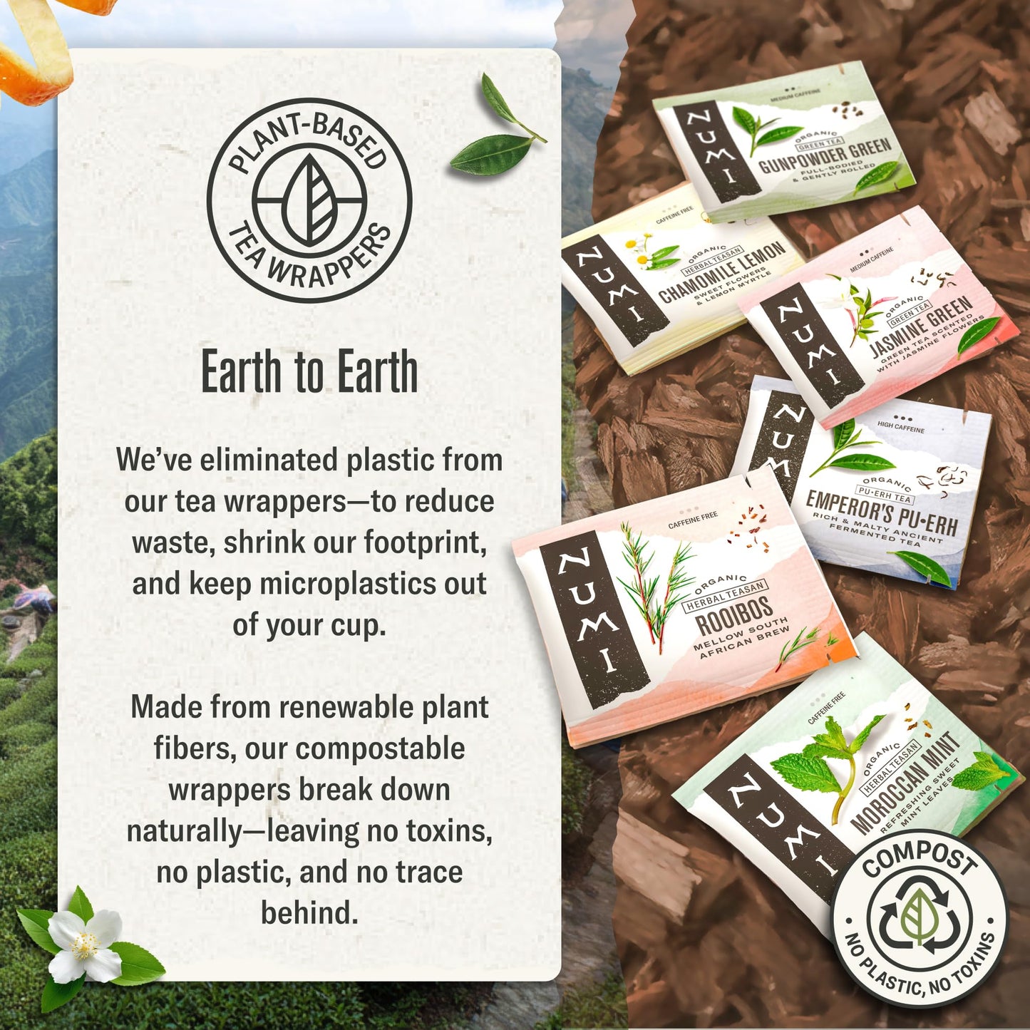 Numi Organic Aged Earl Grey Tea, 18 Black Tea Bags with Real Bergamot, Microplastic Free, High Caffeine