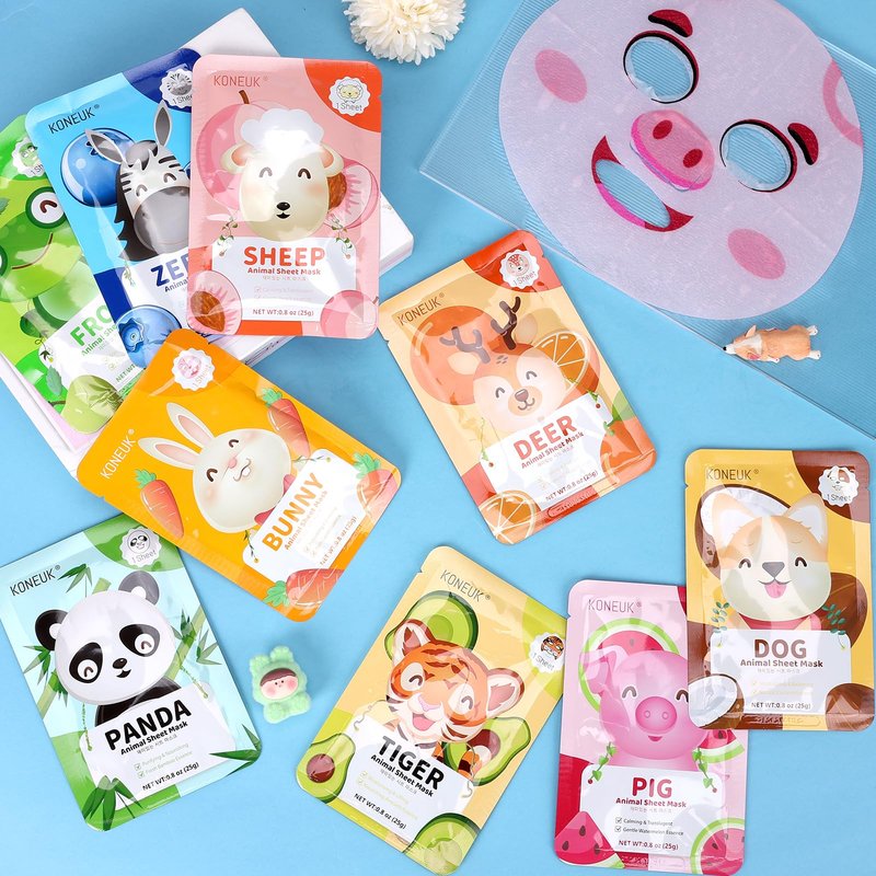 KONEUK 36 Pack Cute Animal Kids Face Mask, Sheet Collagen Moisturizing Face Mask for Girls Teens, Sleepover Party Supplies, Bulk Spa Party Gifts and Birthday Gifts