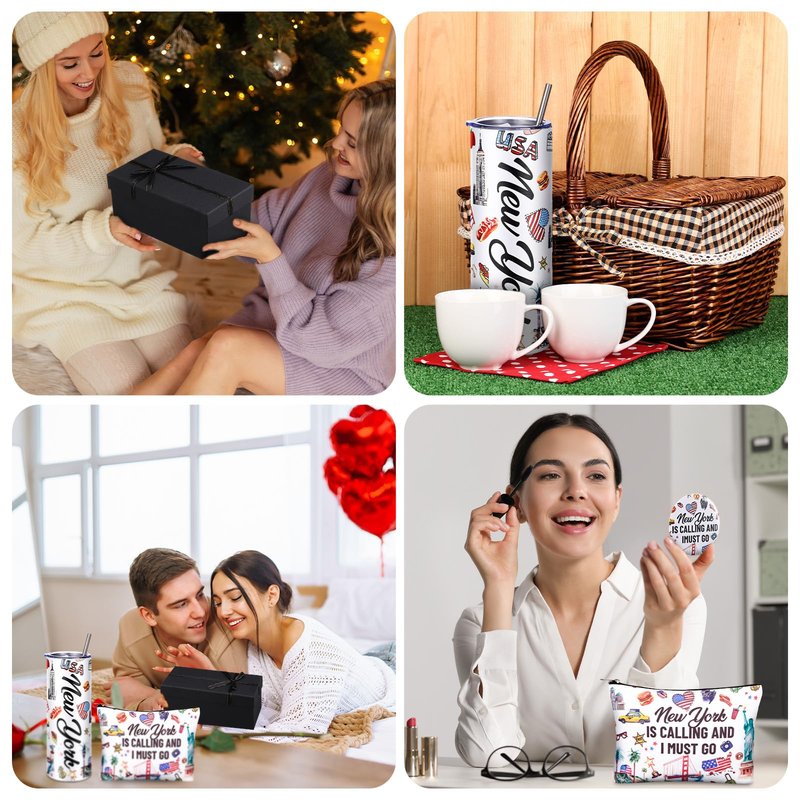 Sieral 5 Pcs New York Travel Gift New York Lover USA Themed Gifts Includes Makeup Bag Thermal Cup Keychain Mirror for Traveler Women Friend Sister Birthday Party