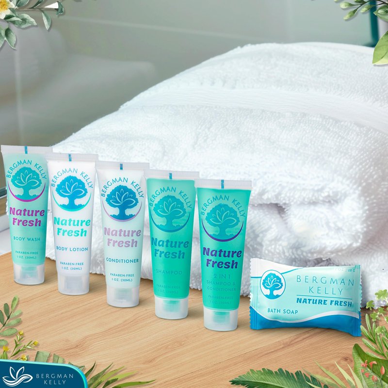 Bergman Kelly Hotel Toiletries Bundle (Nature Fresh, 1 oz each, 100 Pieces) 4-Piece Set: 25 Rectangular Bar Soap, 25 Shampoo, 25 Conditioner & 25 Body Lotion - Bulk Mini Guest Amenities