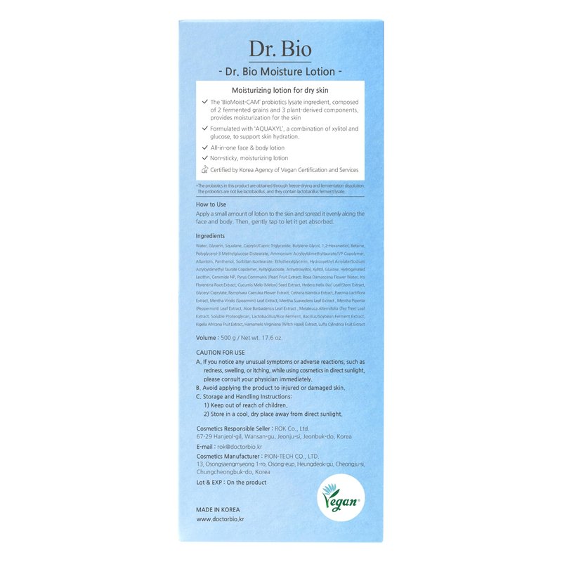 Dr.Bio Soothing Moisture Lotion, Hydrating, Lightweight Korean Body Lotion for Sensitive Skin & Dry Skin, Fragrance-Free, Immediate Moisturizing and Quick Absorbing, Non-greasy Texture, Vegan