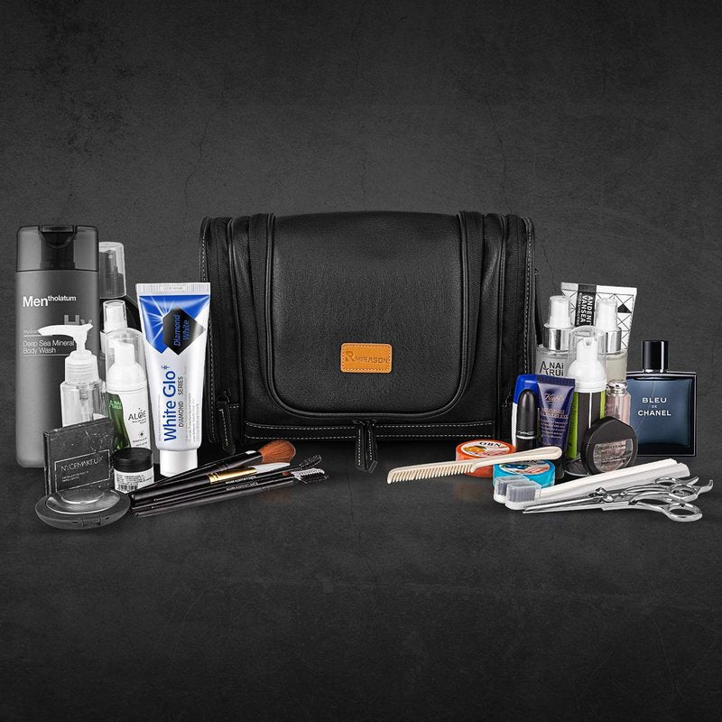 MIRASON Hanging Toiletry Bag for Men PVC Leather Dopp Kit Waterproof Travel Organizer Bag with Sturdy Metal Hook and Handle for Bathroom Shower Cosmetics Camping Brushes Shaving (Blue)