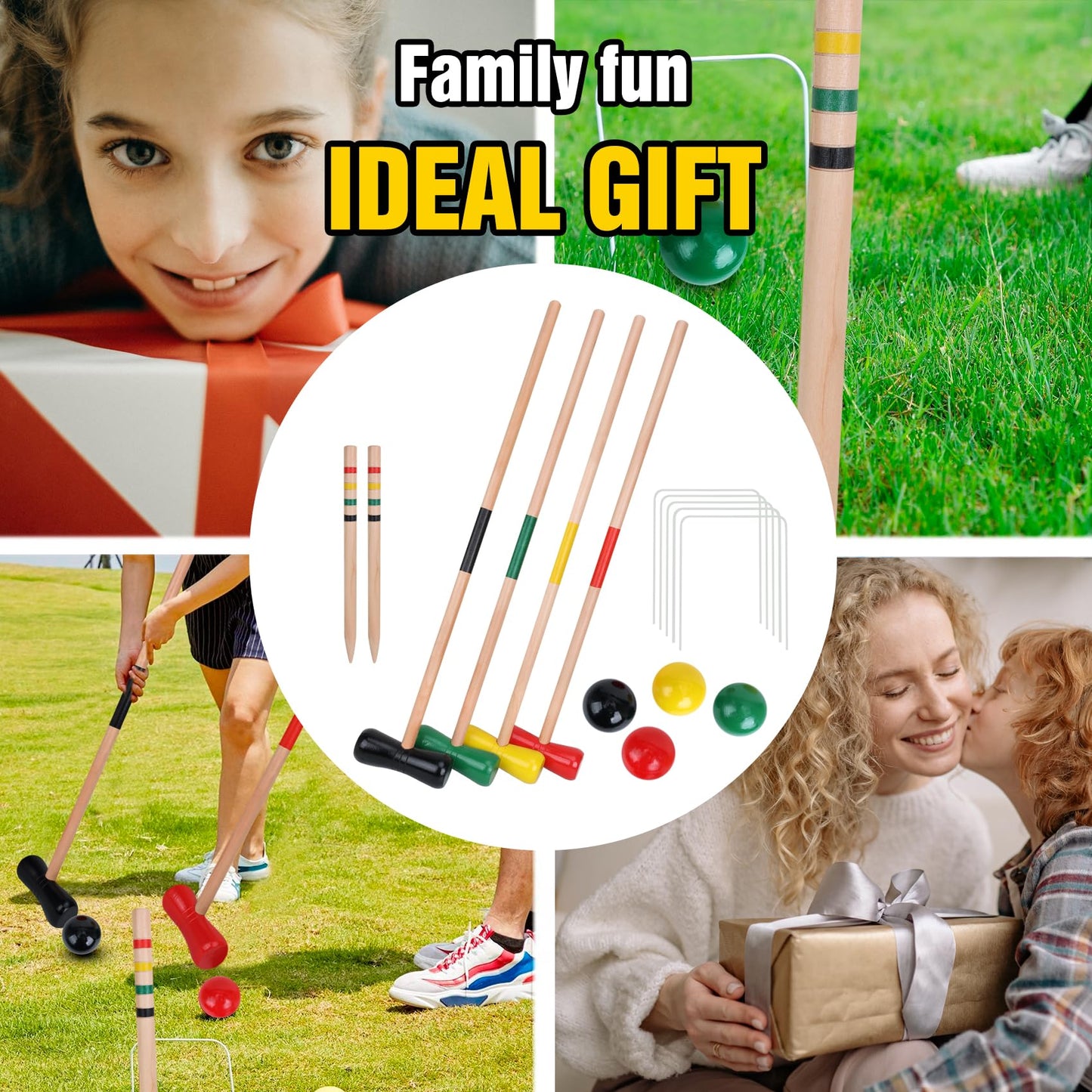 GOTHINK 4 Players Croquet Set with Wooden Balls for Adults & &Kids - Summer Outdoor Games for Lawn Backyard Activity - 30Inch Wooden Mallets,Colored Ball, Wickets, Stakes