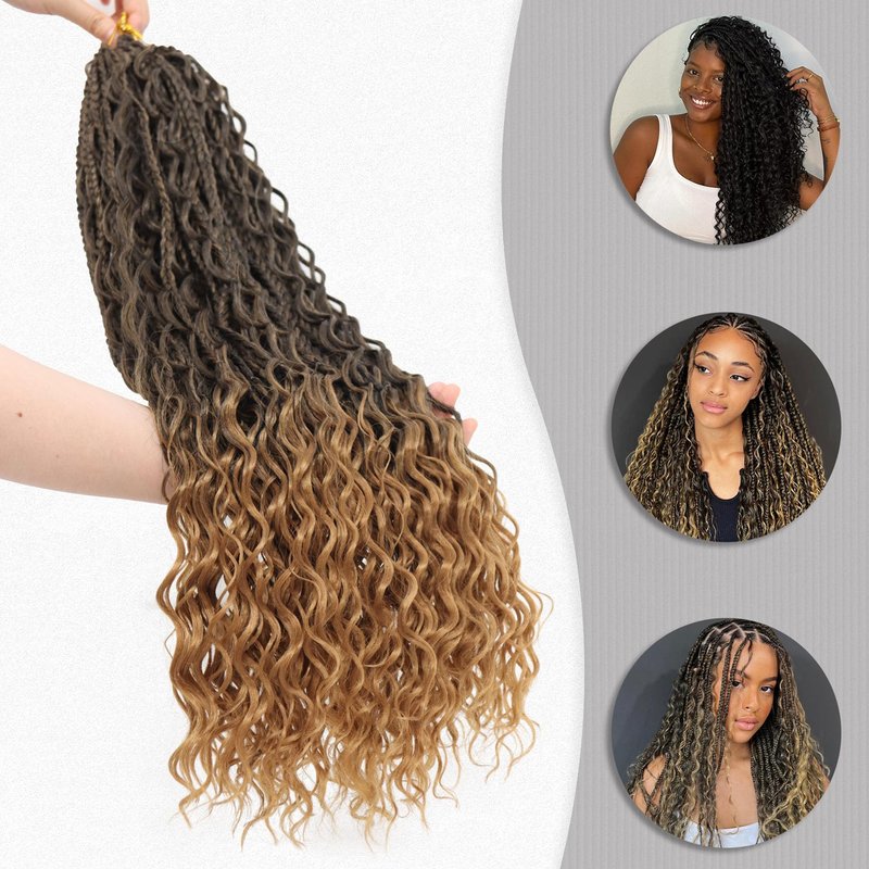 18 Inch 7 Pack Goddess Box Braids Bohemian Crochet Boho Box Braids With Curly Ends Pre-looped Crochet Braids Hair for Women Synthetic Braiding Hair Extensions,1B/530/350
