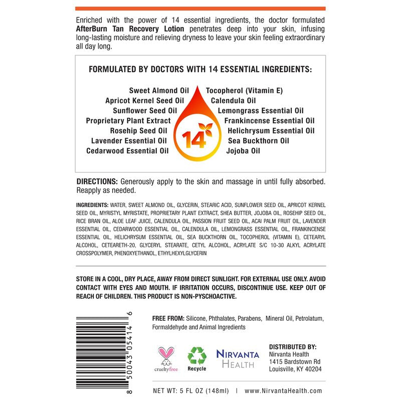 Nirvanta All-in-One AfterBurn Tan Recovery Lotion – Doctor-Formulated Aftersun Lotion w/Natural Ingredients & 14 Essential Oils for All Ages – After Sun Care for Deep Hydration & Peeling Minimization