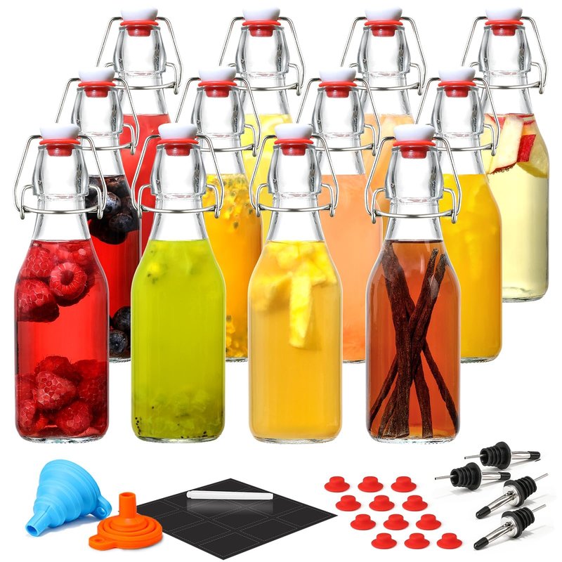 12 Pack 8.5oz Flip Top Glass Bottles, Swing Top Beer Brewing Bottle for 2nd Fermentation, Kombucha, Kefir, Vanilla Extract, Coquito, Juice, Tea - Airtight Stopper Cap Lid, Bonus 4 Bottle Pourers