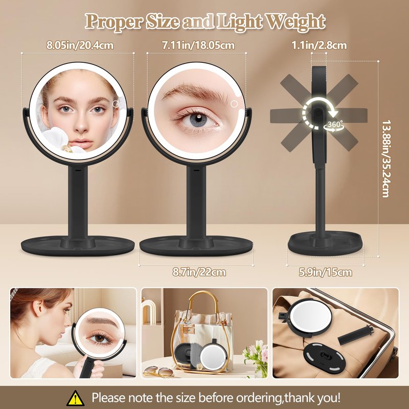 MOMOKUBA Makeup Mirror with Lights, Double Sided 1x/20x Magnifying Mirror with Light, Rechargeable 3 Color Lights Adjustable Brightness, 360° Rotation Detachable Comes with Tweezer (Rose-Gold)