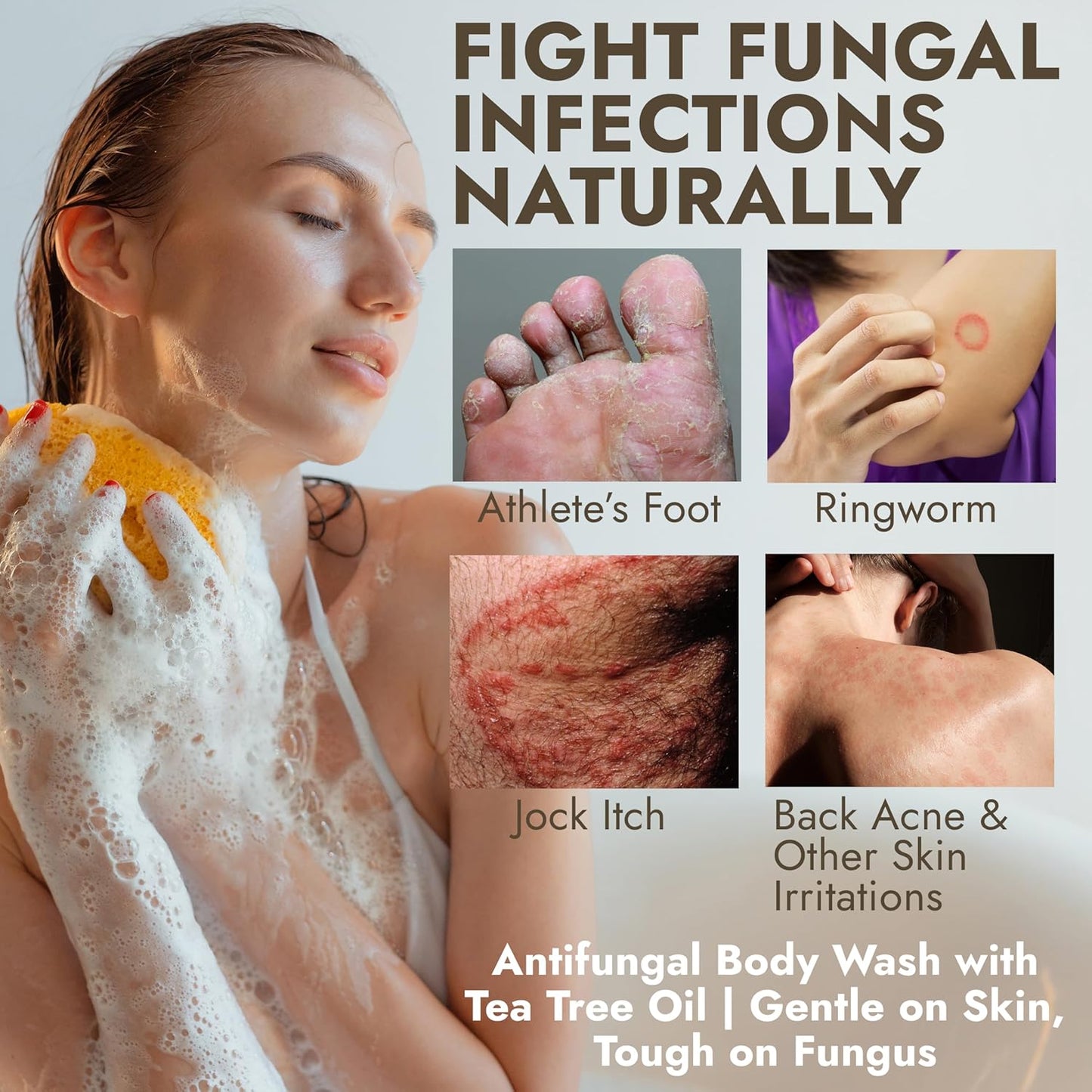Antifungal Body Wash with Tea Tree Oil - Treat Back Acne, Ringworm & Eczema | Includes Silicone Scrubber (16.9 oz)
