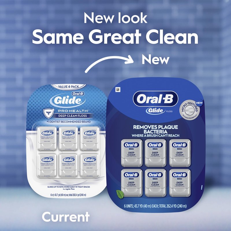 Oral-B Glide Deep Clean Dental Floss, Cool Mint, 6 Pack (262.4 YD Total) - Shred-Resistant Smooth Dental Tape for Tight Spaces