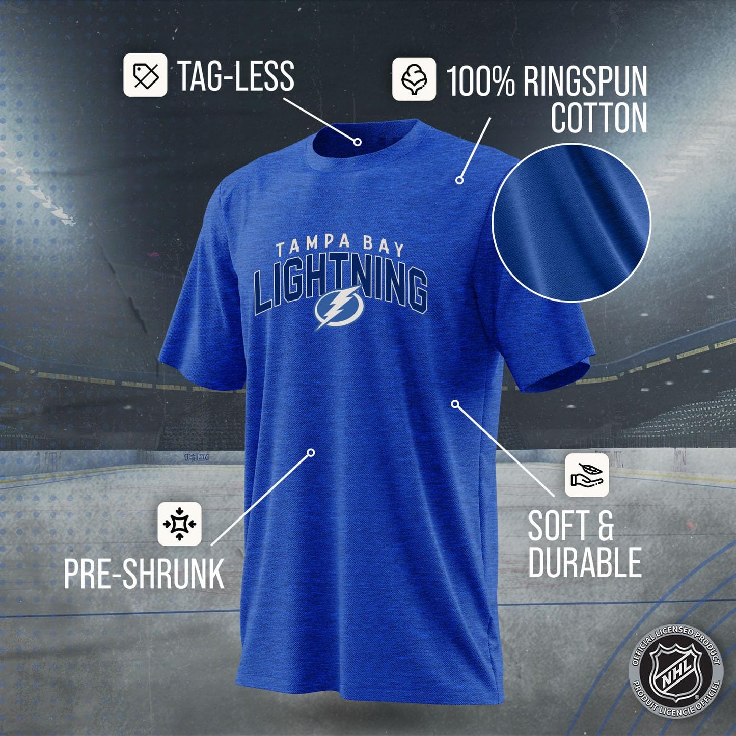 Wright & Ditson NHL Adult Powerplay Heathered Unisex T-Shirt - 100% Cotton - Tagless and Comfortable (Tampa Bay Lightning - Royal, Large)