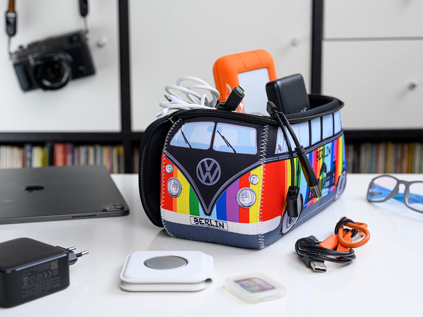 BRISA VW Collection - Volkswagen Neoprene Universal Makeup Cosmetics Toiletry Travel Pharmacy Bag in T1 Bus Design (Berlin/Multicolor/Large)