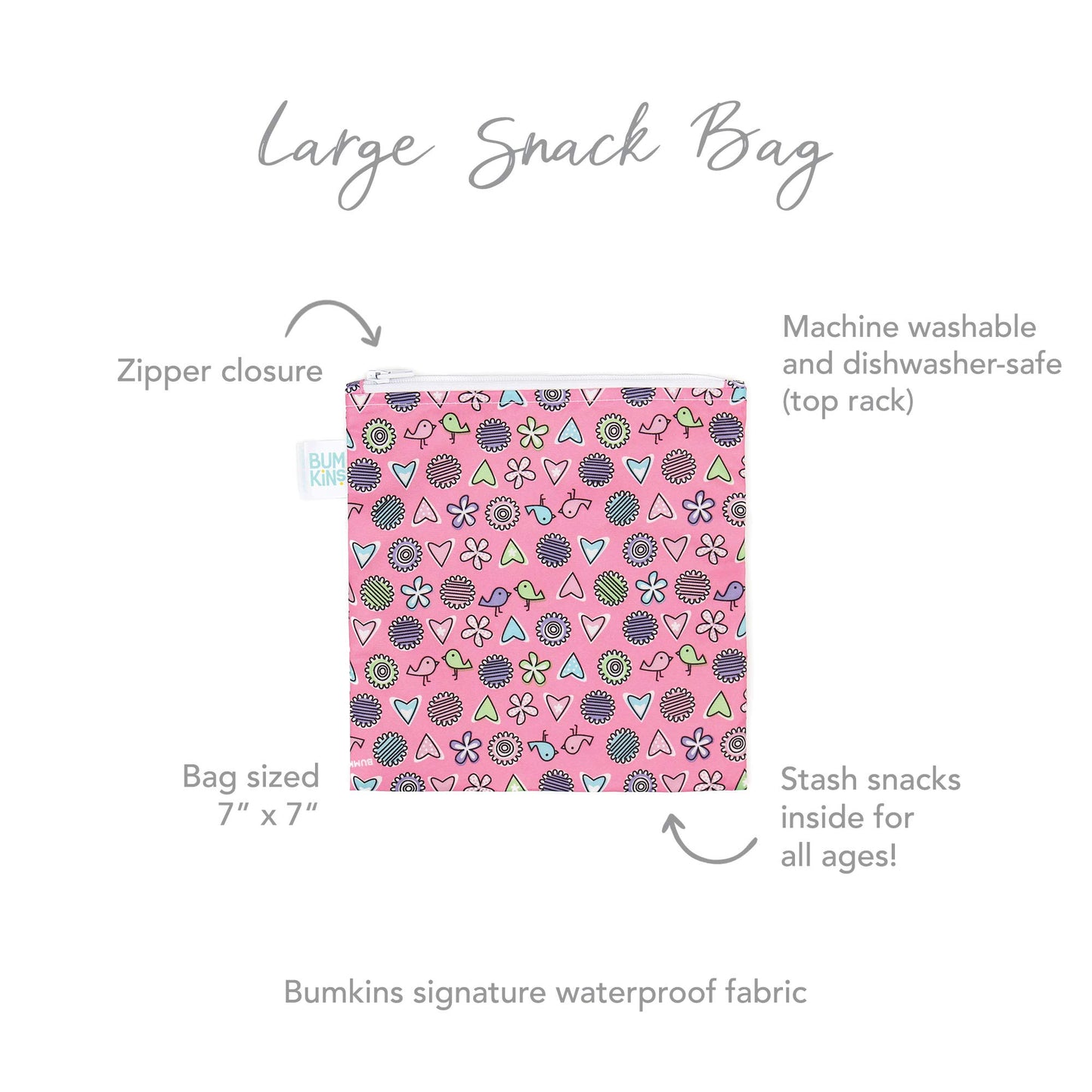 Bumkins Reusable Sandwich and Snack Bags, for Kids School Lunch and for Adults Portion, Washable Fabric, Waterproof Cloth Zip Bag, Travel Pouch, Food-Safe Storage, Large, Love Birds Pink