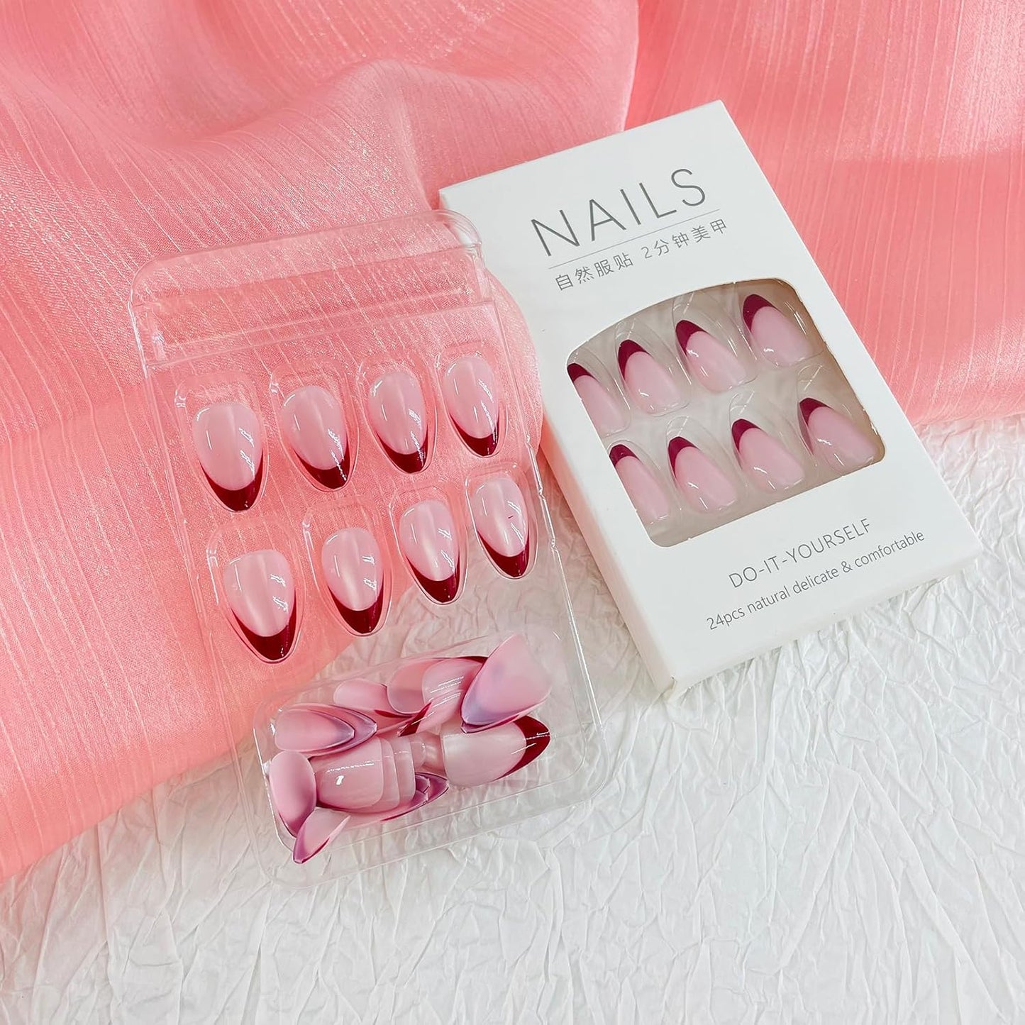French Tip Almond Press-On Nails with Gold Bow | Reusable Glossy Acrylic False Nails for Women
