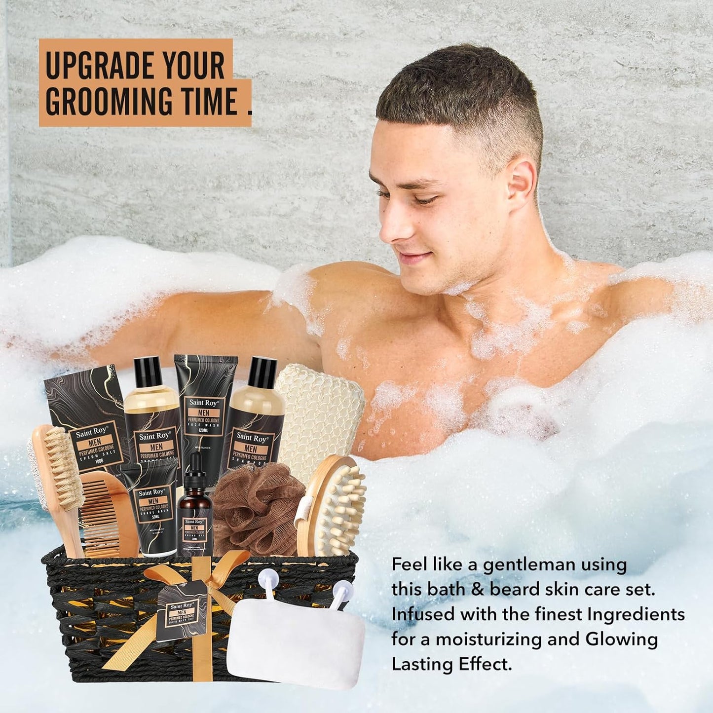 Men's Bath Perfume Gift Set - 14 Pcs Spa Basket with Classic Perfume, Shaving Kit, Beard Oil & Face Care Essentials